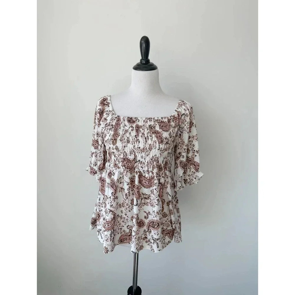 Nordtrom Meloday Paisley Print Puff Sleeve Top with Smocking